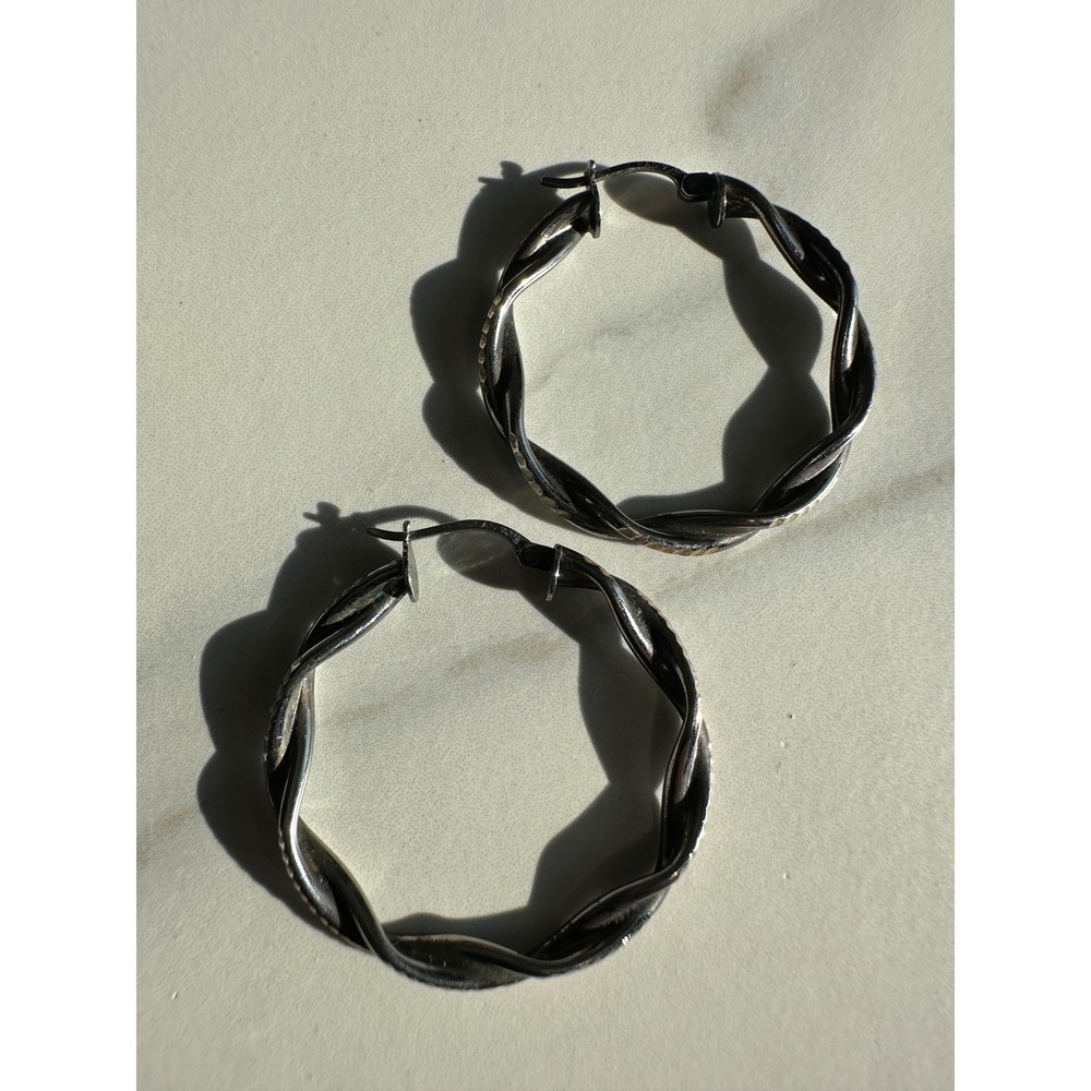 Sterling Silver 925 Twisted Hoop Earrings Diamond Cut Textured Snap Closure